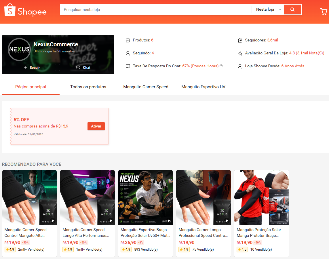 Página inicial da loja Nexus Commerce na Shopee